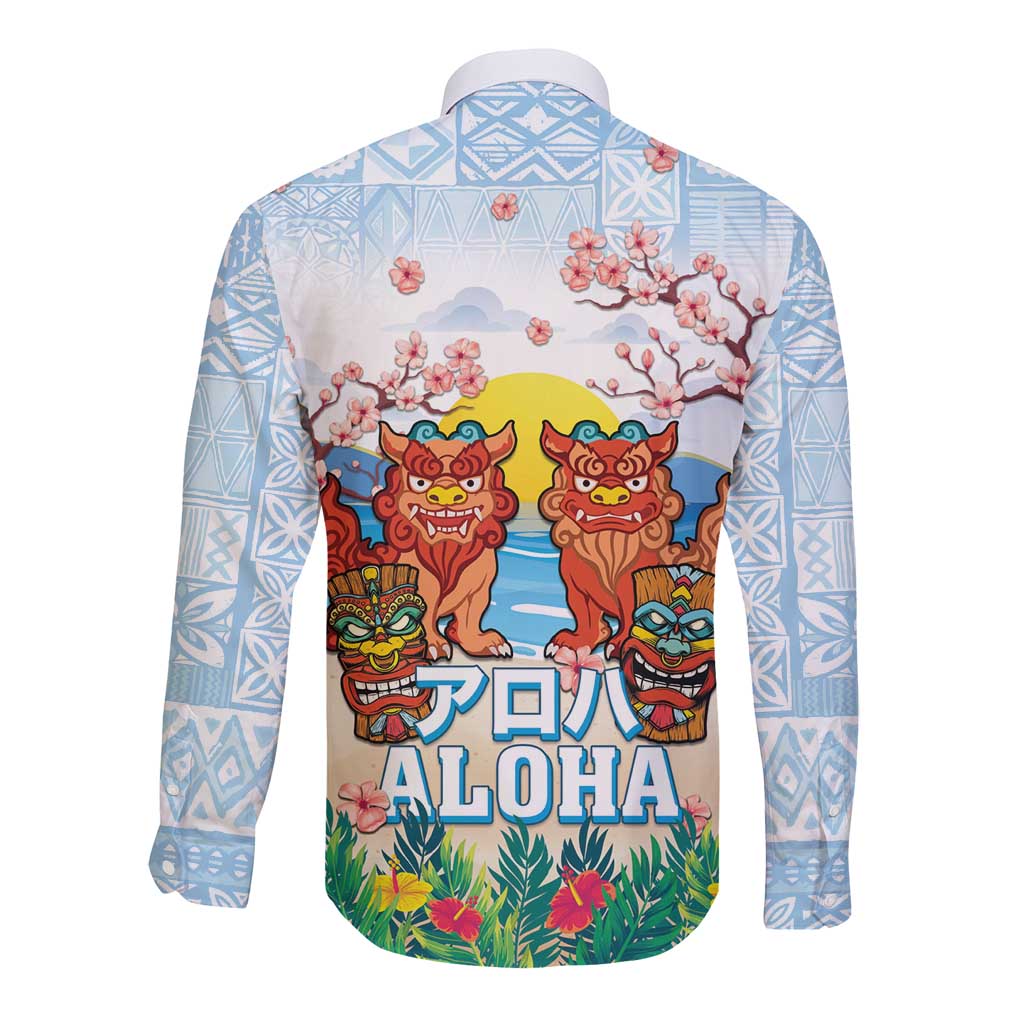 Hawaii And Japan Okinawa Long Sleeve Button Shirt Aloha Gozaimasu Tiki With Shisa LT05 - Polynesian Pride