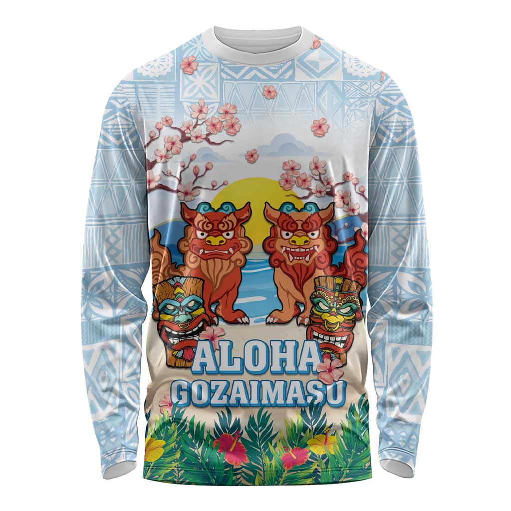 Hawaii And Japan Okinawa Long Sleeve Shirt Aloha Gozaimasu Tiki With Shisa LT05 Unisex Blue - Polynesian Pride