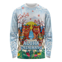Hawaii And Japan Okinawa Long Sleeve Shirt Aloha Gozaimasu Tiki With Shisa LT05 Unisex Blue - Polynesian Pride