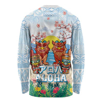Hawaii And Japan Okinawa Long Sleeve Shirt Aloha Gozaimasu Tiki With Shisa LT05 - Polynesian Pride