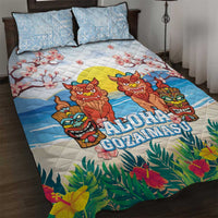 Hawaii And Japan Okinawa Quilt Bed Set Aloha Gozaimasu Tiki With Shisa LT05 Blue - Polynesian Pride