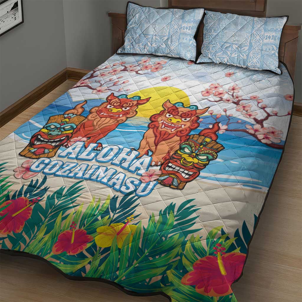 Hawaii And Japan Okinawa Quilt Bed Set Aloha Gozaimasu Tiki With Shisa LT05 - Polynesian Pride