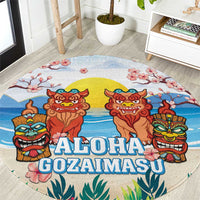 Hawaii And Japan Okinawa Round Carpet Aloha Gozaimasu Tiki With Shisa LT05 Blue - Polynesian Pride