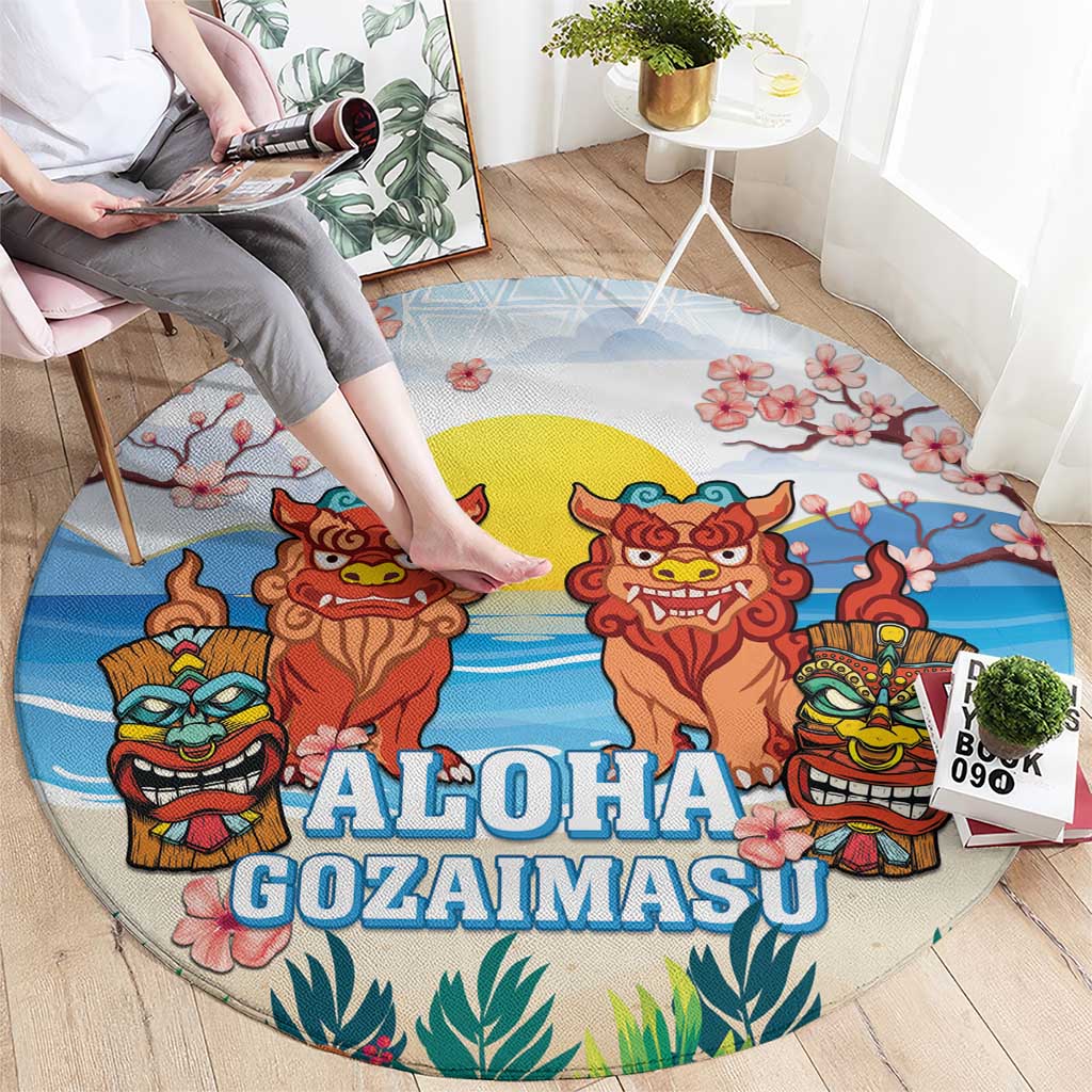 Hawaii And Japan Okinawa Round Carpet Aloha Gozaimasu Tiki With Shisa LT05 - Polynesian Pride