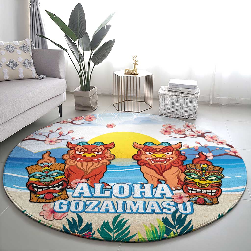 Hawaii And Japan Okinawa Round Carpet Aloha Gozaimasu Tiki With Shisa LT05 - Polynesian Pride