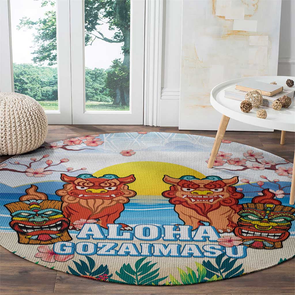 Hawaii And Japan Okinawa Round Carpet Aloha Gozaimasu Tiki With Shisa LT05 - Polynesian Pride