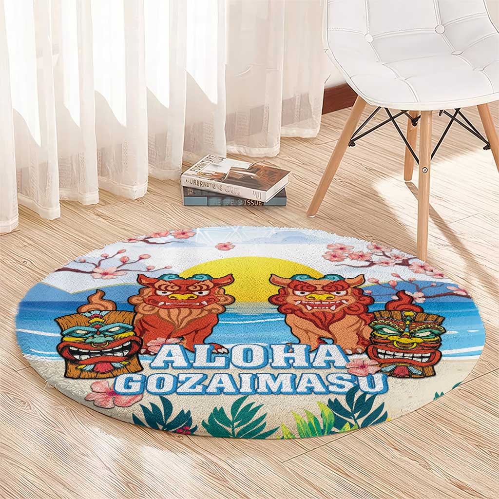 Hawaii And Japan Okinawa Round Carpet Aloha Gozaimasu Tiki With Shisa LT05 - Polynesian Pride
