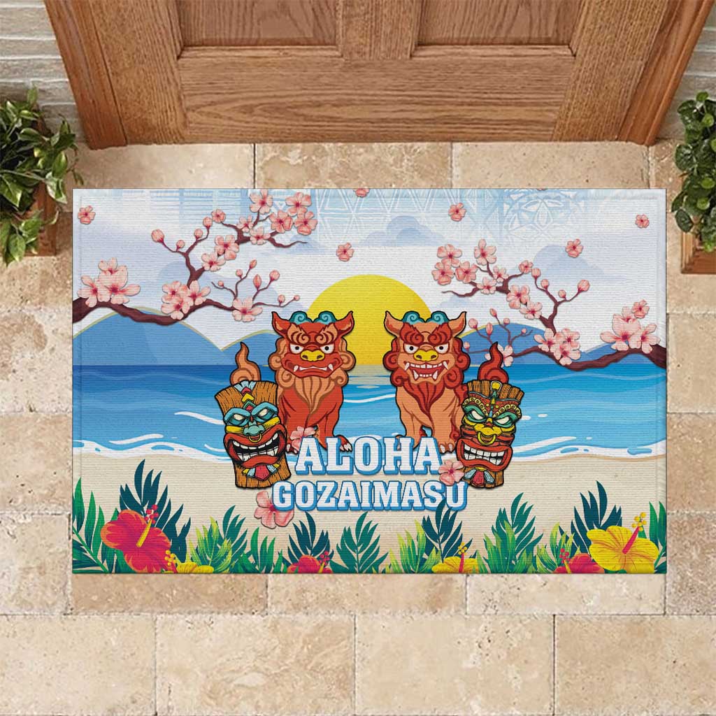 Hawaii And Japan Okinawa Rubber Doormat Aloha Gozaimasu Tiki With Shisa