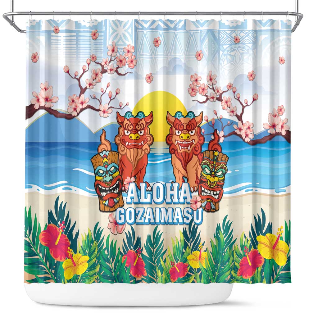 Hawaii And Japan Okinawa Shower Curtain Aloha Gozaimasu Tiki With Shisa LT05 Blue - Polynesian Pride