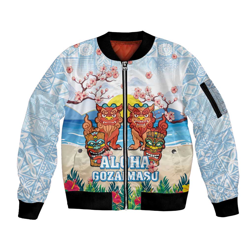 Hawaii And Japan Okinawa Sleeve Zip Bomber Jacket Aloha Gozaimasu Tiki With Shisa LT05 Unisex Blue - Polynesian Pride