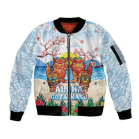 Hawaii And Japan Okinawa Sleeve Zip Bomber Jacket Aloha Gozaimasu Tiki With Shisa LT05 Unisex Blue - Polynesian Pride
