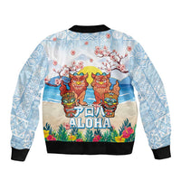Hawaii And Japan Okinawa Sleeve Zip Bomber Jacket Aloha Gozaimasu Tiki With Shisa LT05 - Polynesian Pride
