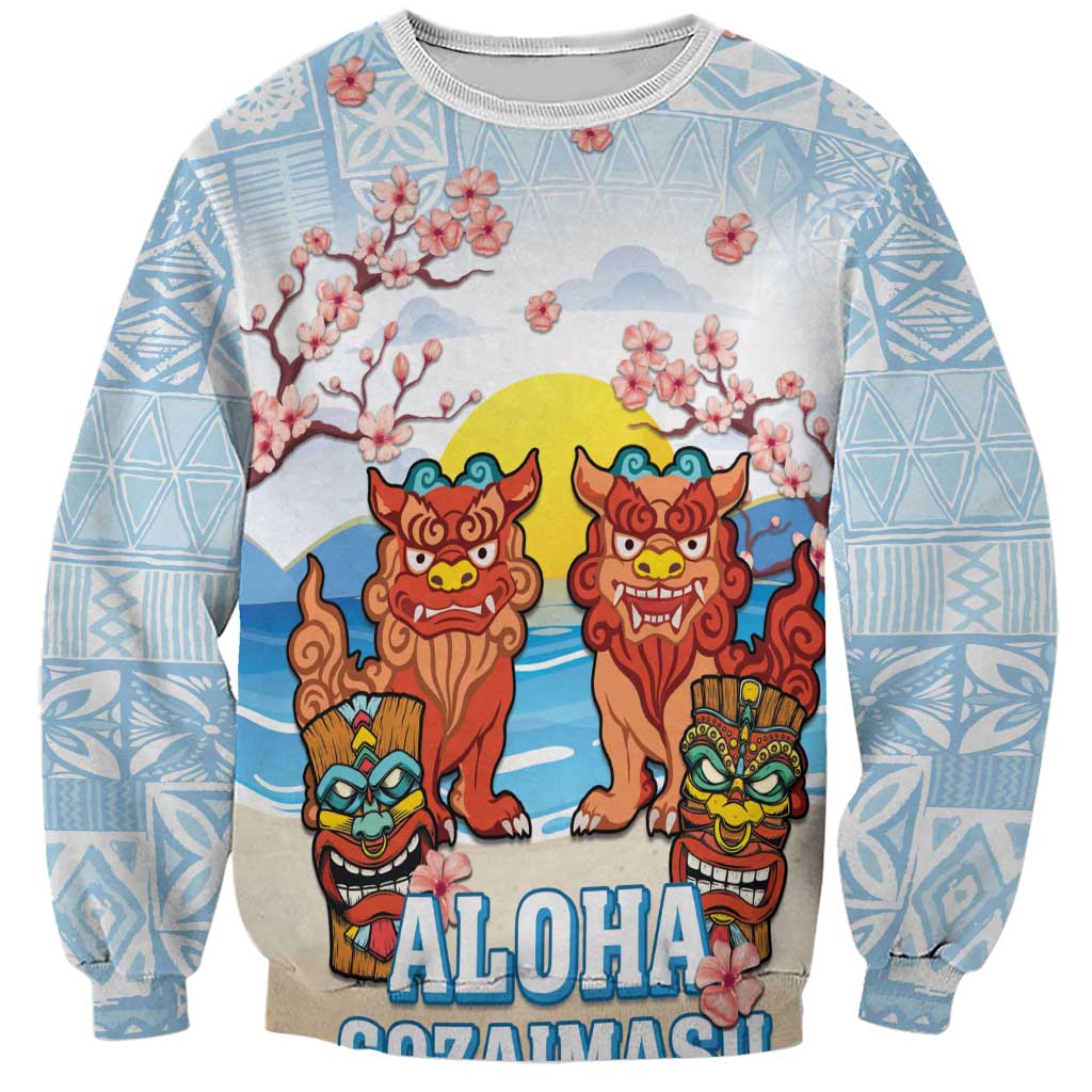 Hawaii And Japan Okinawa Sweatshirt Aloha Gozaimasu Tiki With Shisa
