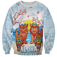 Hawaii And Japan Okinawa Sweatshirt Aloha Gozaimasu Tiki With Shisa LT05 Unisex Blue - Polynesian Pride
