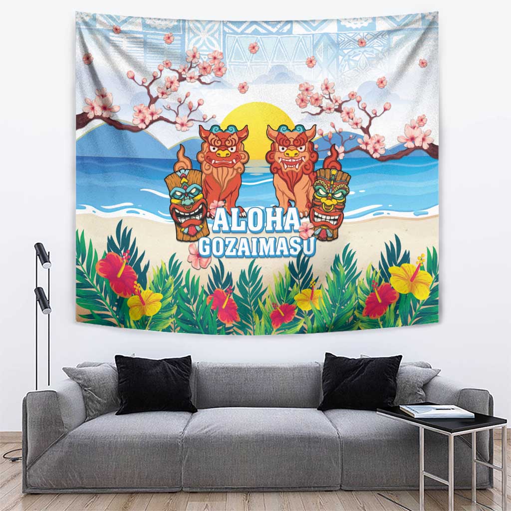 Hawaii And Japan Okinawa Tapestry Aloha Gozaimasu Tiki With Shisa LT05 Blue - Polynesian Pride