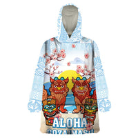 Hawaii And Japan Okinawa Wearable Blanket Hoodie Aloha Gozaimasu Tiki With Shisa
