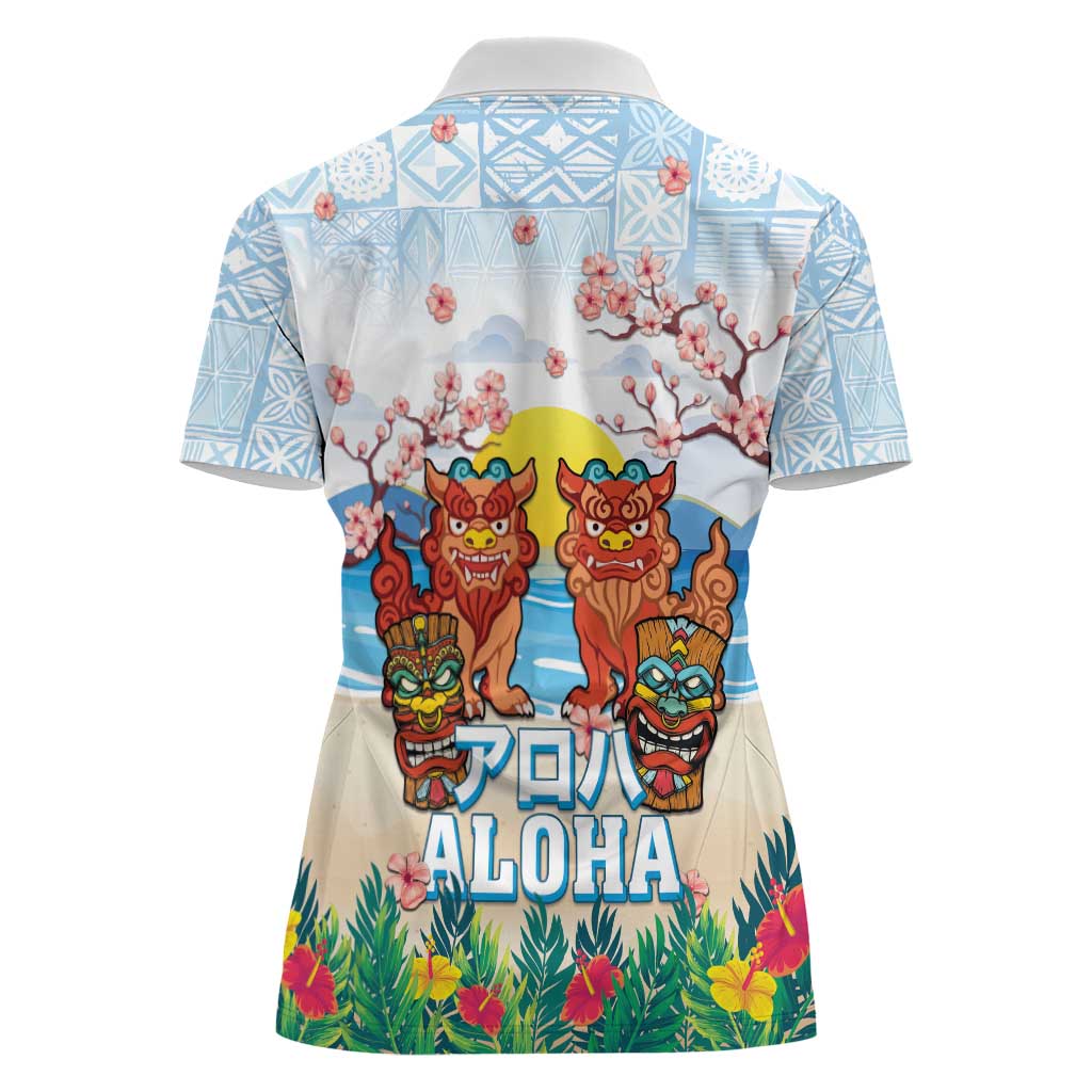 Hawaii And Japan Okinawa Women Polo Shirt Aloha Gozaimasu Tiki With Shisa