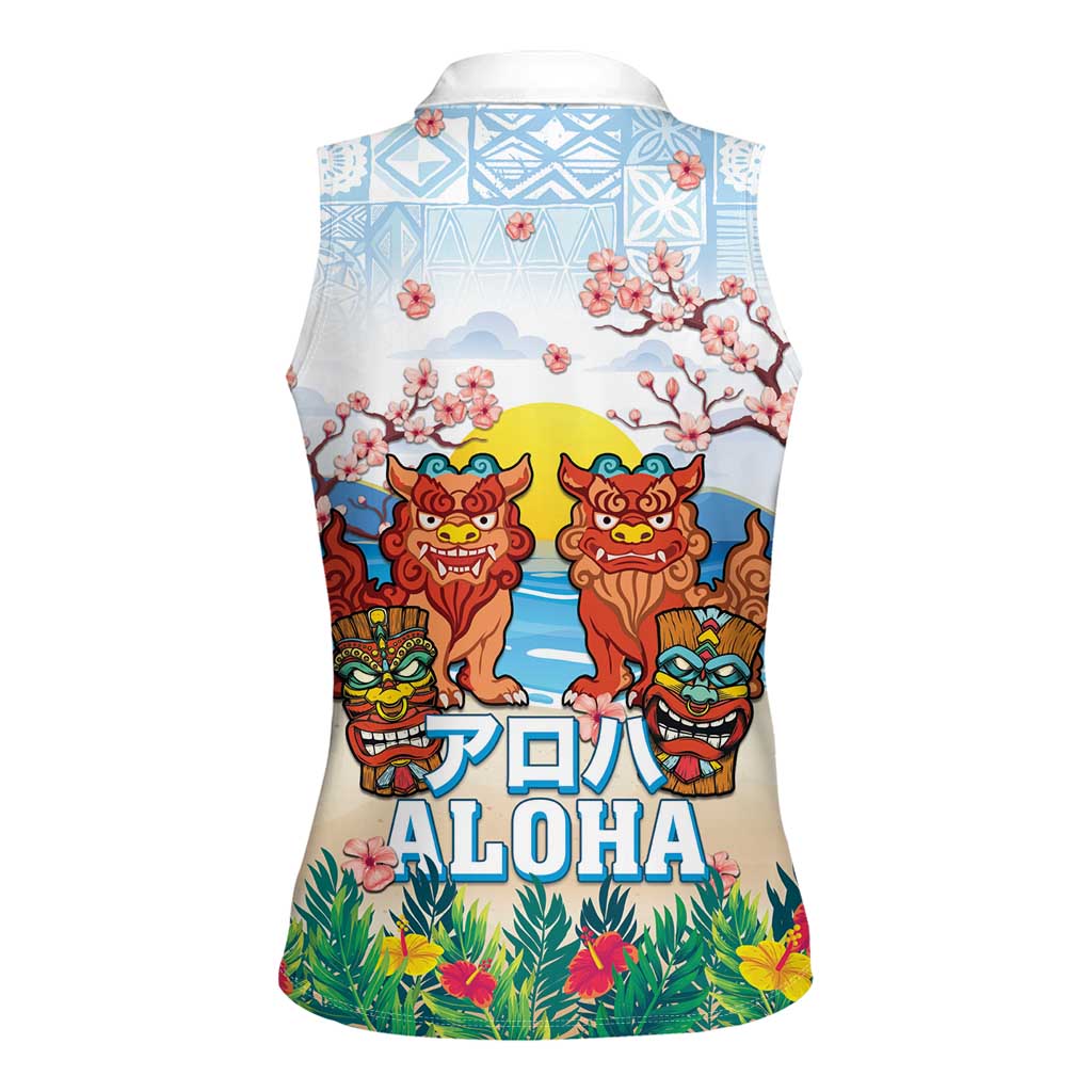 Hawaii And Japan Okinawa Women Sleeveless Polo Shirt Aloha Gozaimasu Tiki With Shisa