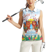 Hawaii And Japan Okinawa Women Sleeveless Polo Shirt Aloha Gozaimasu Tiki With Shisa