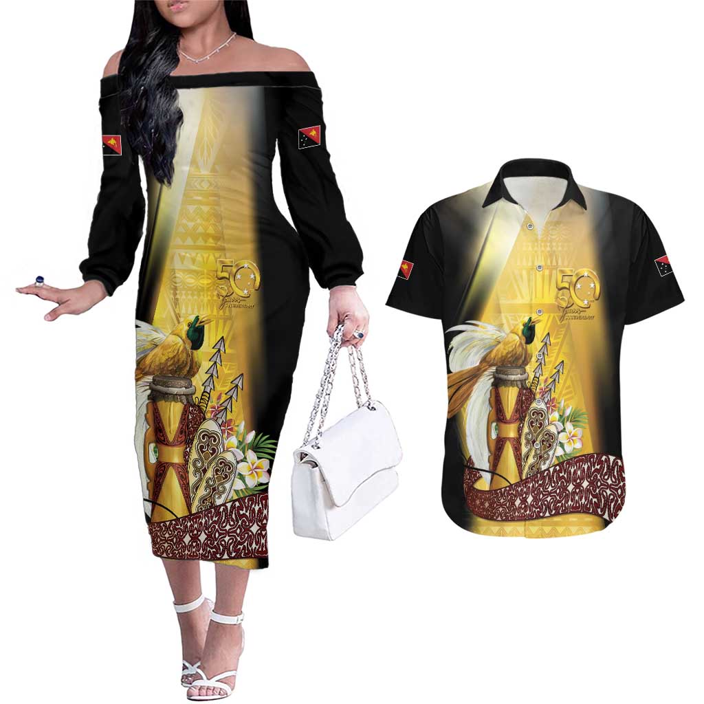 Papua New Guinea Couples Matching Off The Shoulder Long Sleeve Dress and Hawaiian Shirt 50 Years Of Independence - Polynesian Pride
