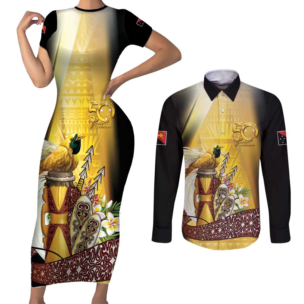 Papua New Guinea Couples Matching Short Sleeve Bodycon Dress and Long Sleeve Button Shirt 50 Years Of Independence - Polynesian Pride