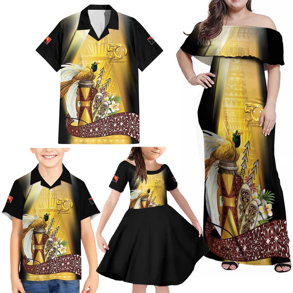 Papua New Guinea Family Matching Off Shoulder Maxi Dress and Hawaiian Shirt 50 Years Of Independence - Polynesian Pride