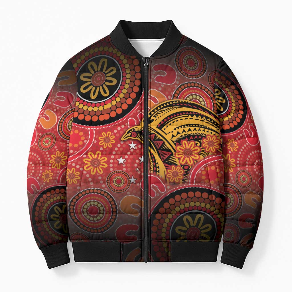 Papua New Guinea Bomber Puffer Jacket Birds Of Paradise With Aboriginal Pattern - Polynesian Pride
