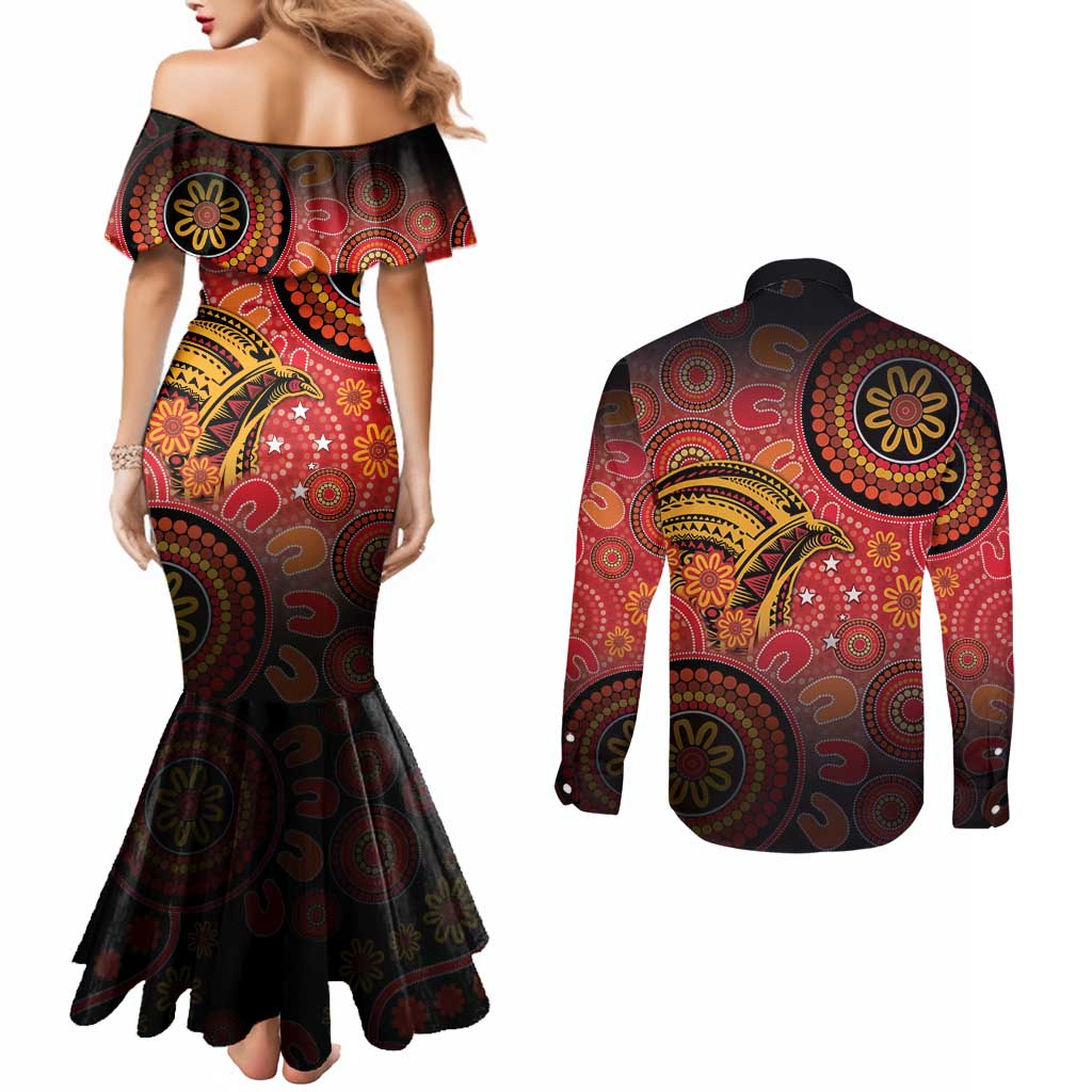 Papua New Guinea Couples Matching Mermaid Dress and Long Sleeve Button Shirt Birds Of Paradise With Aboriginal Pattern - Polynesian Pride