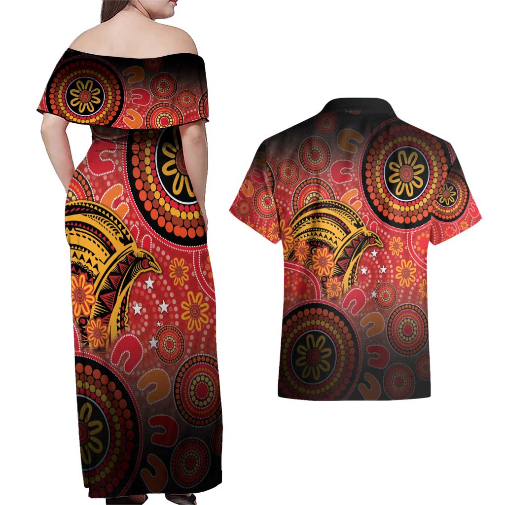 Papua New Guinea Couples Matching Off Shoulder Maxi Dress and Hawaiian Shirt Birds Of Paradise With Aboriginal Pattern - Polynesian Pride