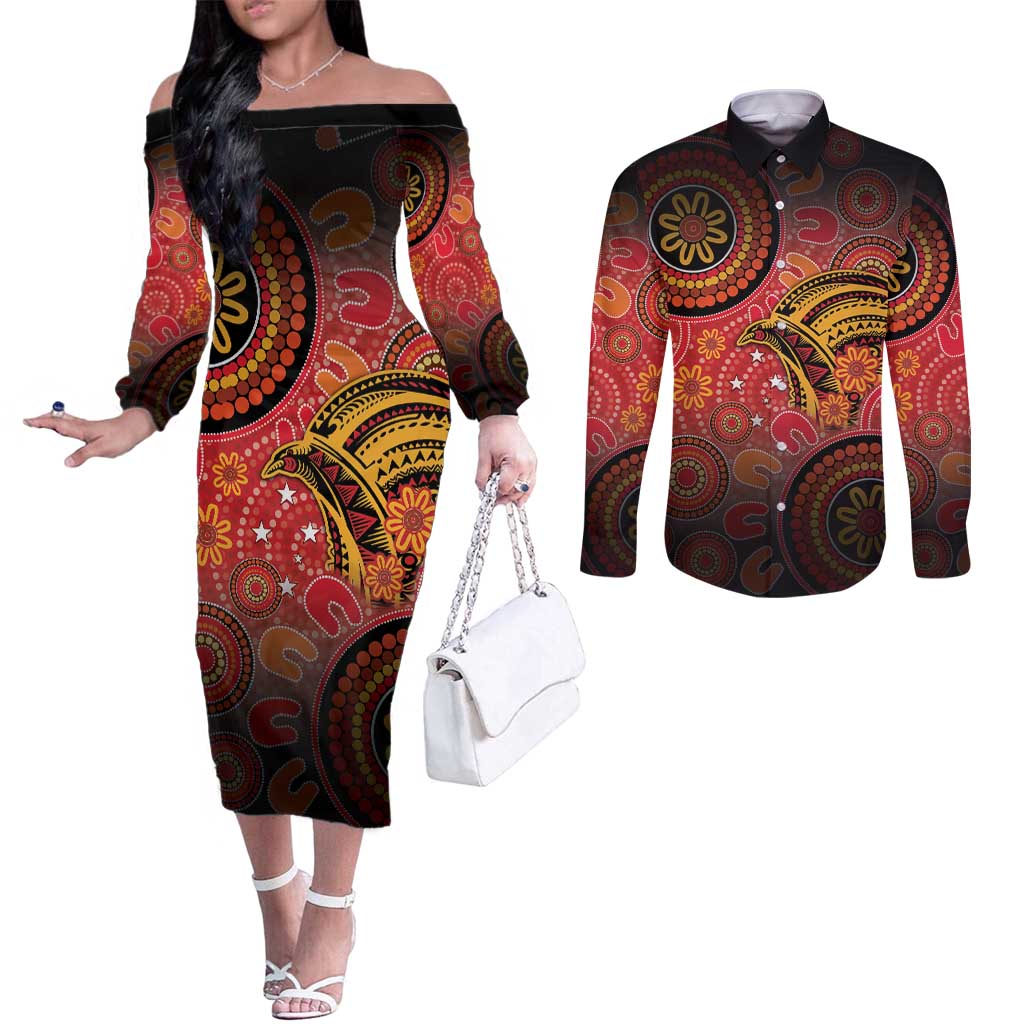 Papua New Guinea Couples Matching Off The Shoulder Long Sleeve Dress and Long Sleeve Button Shirt Birds Of Paradise With Aboriginal Pattern - Polynesian Pride
