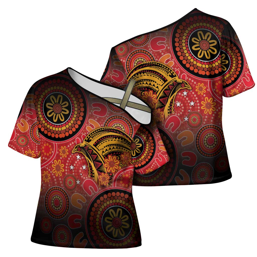 Papua New Guinea Cross Shoulder Shirt Birds Of Paradise With Aboriginal Pattern - Polynesian Pride