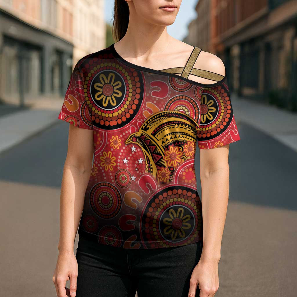 Papua New Guinea Cross Shoulder Shirt Birds Of Paradise With Aboriginal Pattern - Polynesian Pride