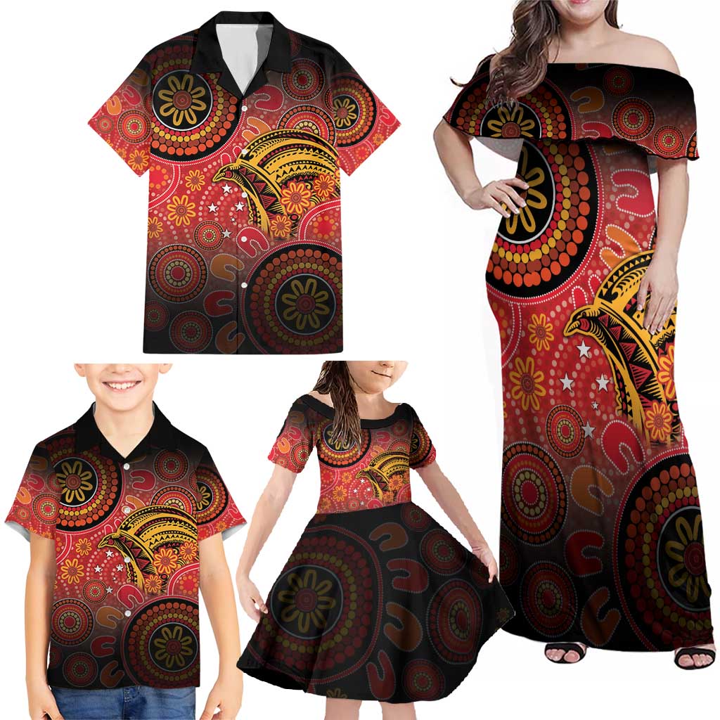 Papua New Guinea Family Matching Off Shoulder Maxi Dress and Hawaiian Shirt Birds Of Paradise With Aboriginal Pattern - Polynesian Pride
