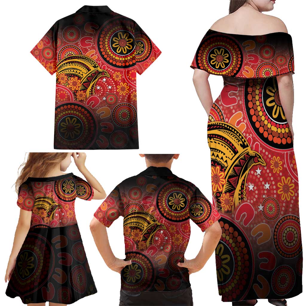 Papua New Guinea Family Matching Off Shoulder Maxi Dress and Hawaiian Shirt Birds Of Paradise With Aboriginal Pattern - Polynesian Pride