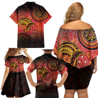 Papua New Guinea Family Matching Off Shoulder Short Dress and Hawaiian Shirt Birds Of Paradise With Aboriginal Pattern - Polynesian Pride