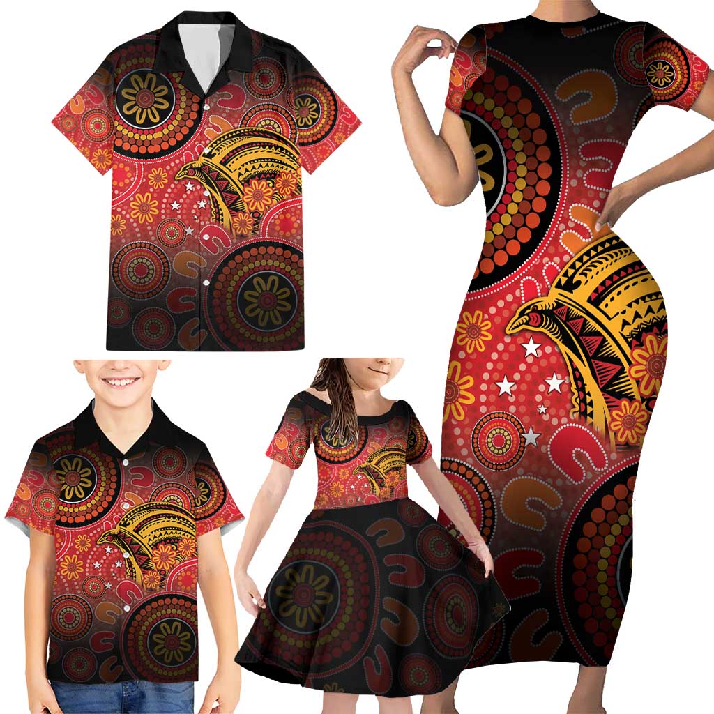 Papua New Guinea Family Matching Short Sleeve Bodycon Dress and Hawaiian Shirt Birds Of Paradise With Aboriginal Pattern - Polynesian Pride