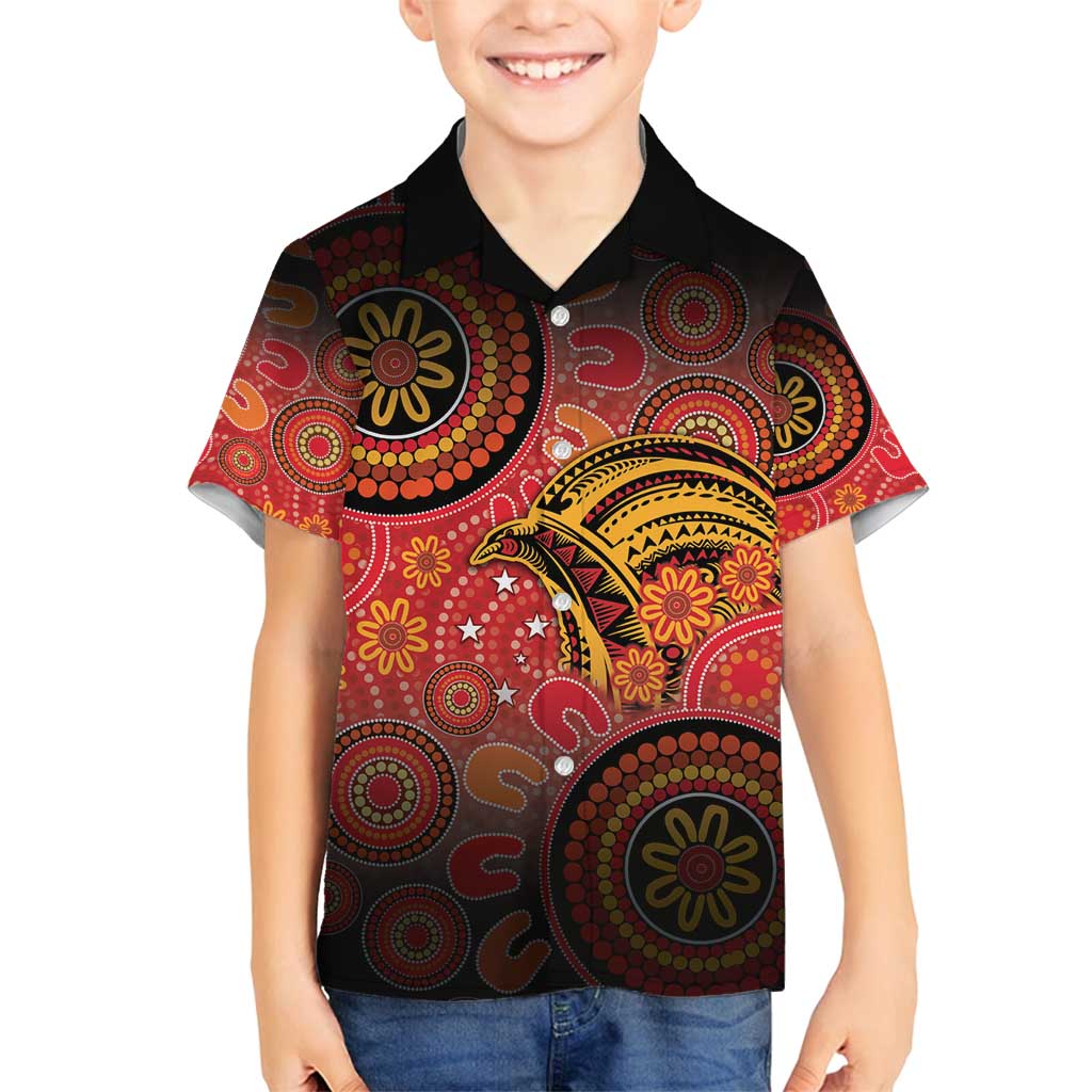 Papua New Guinea Family Matching Summer Maxi Dress and Hawaiian Shirt Birds Of Paradise With Aboriginal Pattern LT05 Son's Shirt Red - Polynesian Pride