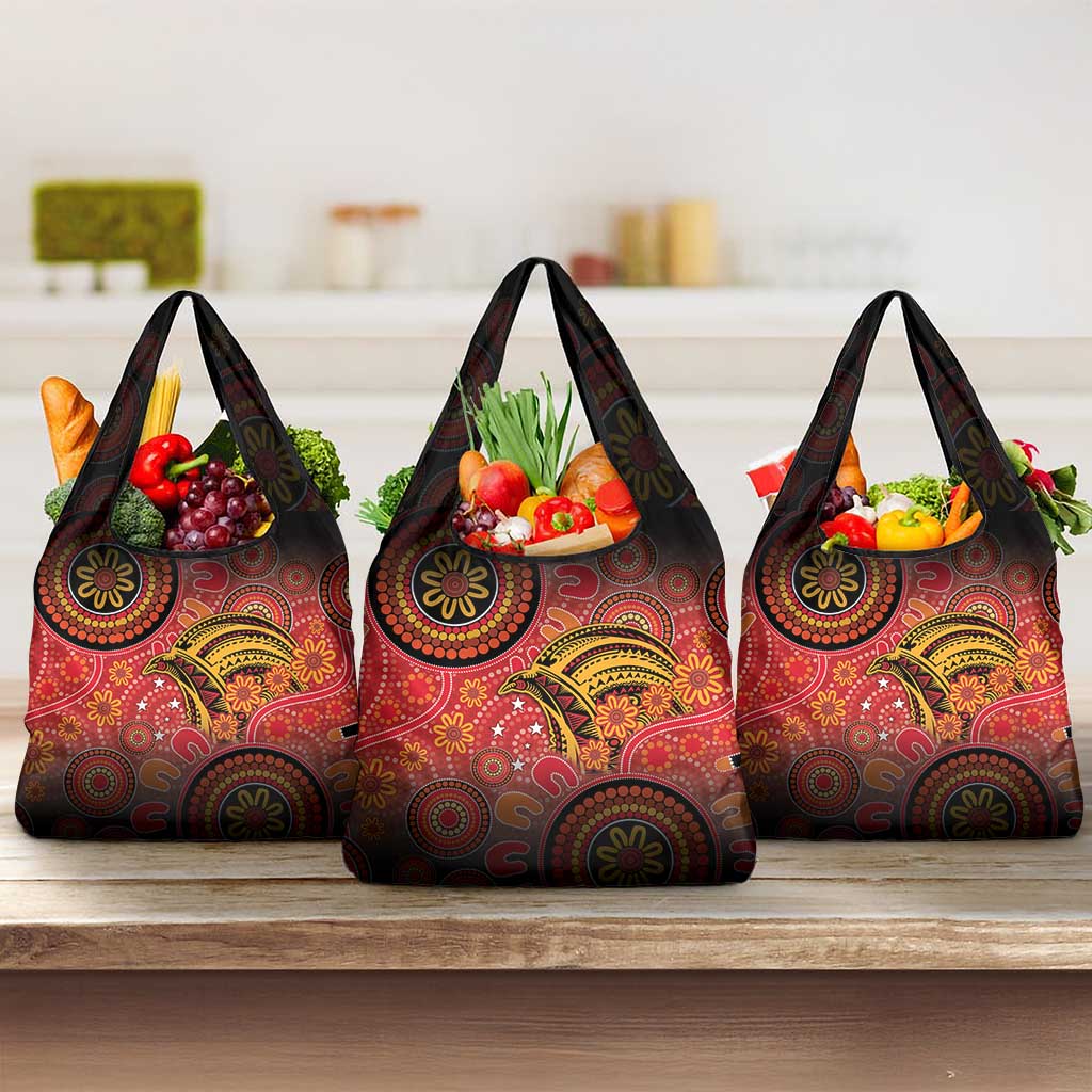 Papua New Guinea Grocery Bag Birds Of Paradise With Aboriginal Pattern - Polynesian Pride
