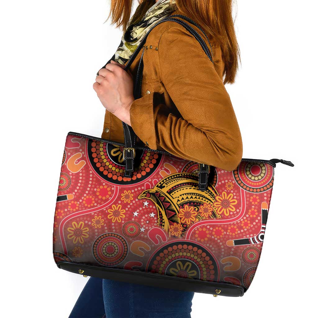 Papua New Guinea Leather Tote Bag Birds Of Paradise With Aboriginal Pattern LT05 Red - Polynesian Pride