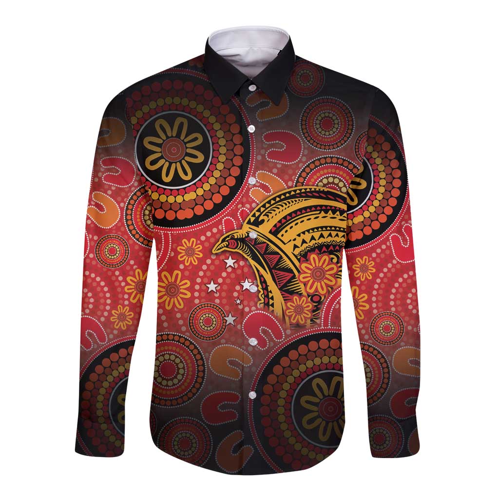 Papua New Guinea Long Sleeve Button Shirt Birds Of Paradise With Aboriginal Pattern - Polynesian Pride