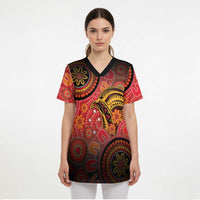Papua New Guinea Scrub Top Birds Of Paradise With Aboriginal Pattern - Polynesian Pride