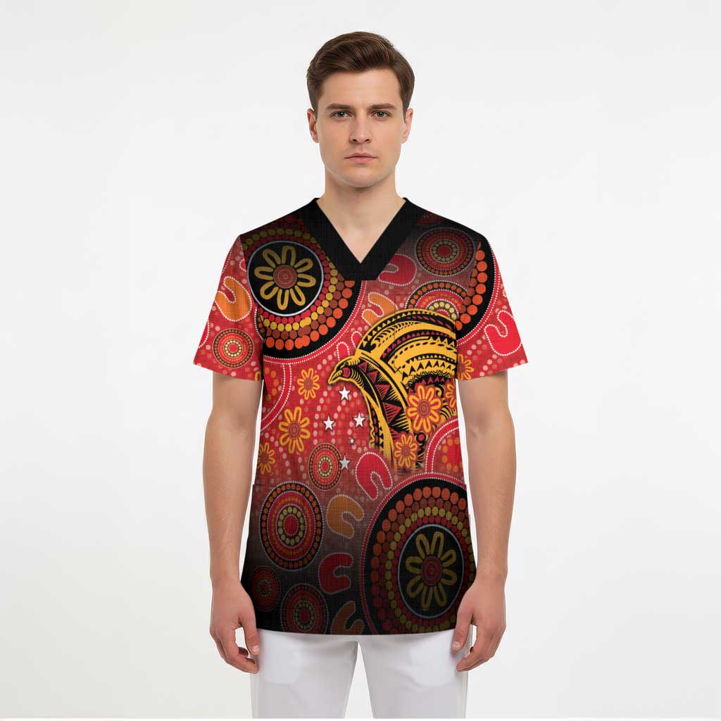 Papua New Guinea Scrub Top Birds Of Paradise With Aboriginal Pattern - Polynesian Pride