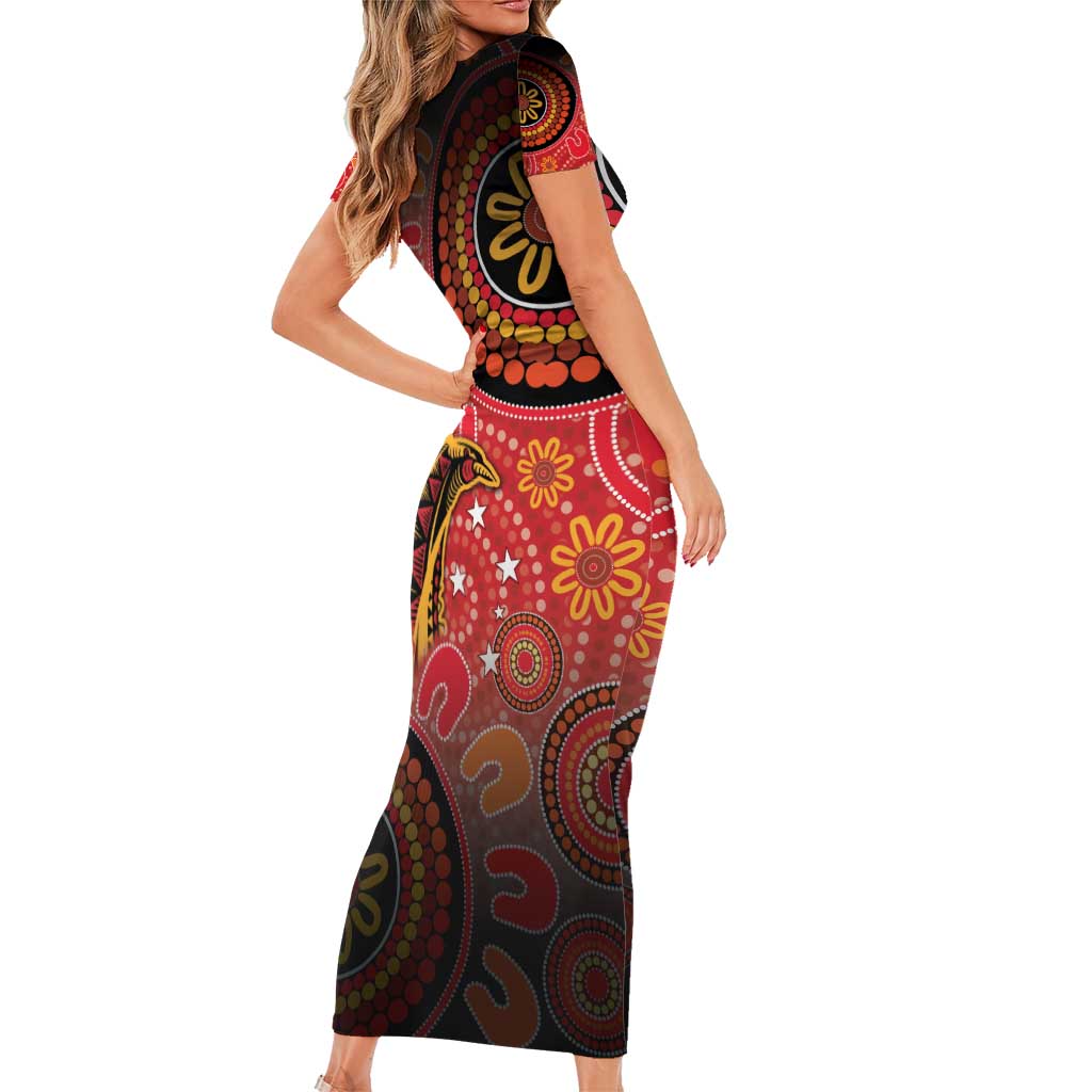 Papua New Guinea Short Sleeve Bodycon Dress Birds Of Paradise With Aboriginal Pattern - Polynesian Pride