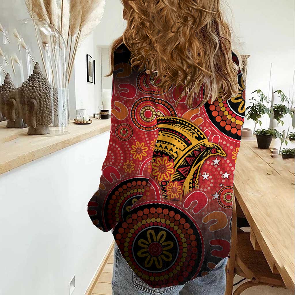 Papua New Guinea Women Casual Shirt Birds Of Paradise With Aboriginal Pattern - Polynesian Pride