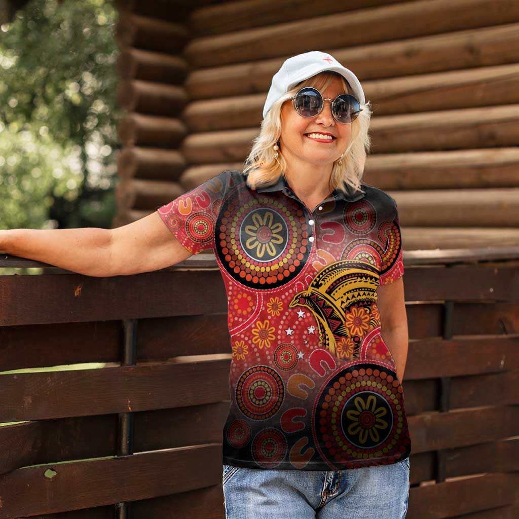 Papua New Guinea Women Polo Shirt Birds Of Paradise With Aboriginal Pattern - Polynesian Pride