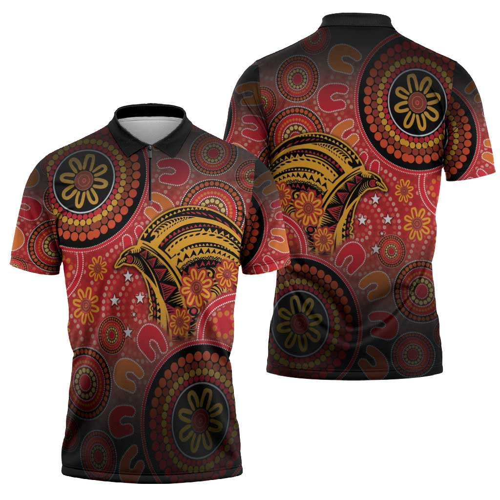 Papua New Guinea Zipper Polo Shirt Birds Of Paradise With Aboriginal Pattern - Polynesian Pride