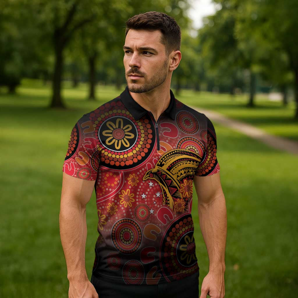 Papua New Guinea Zipper Polo Shirt Birds Of Paradise With Aboriginal Pattern - Polynesian Pride