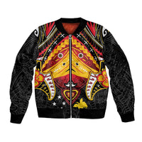 Papua New Guinea Independence Day Sleeve Zip Bomber Jacket Tribal Mask - Polynesian Pride