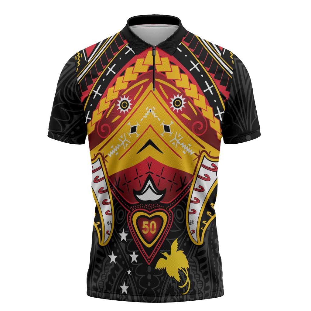 Papua New Guinea Independence Day Zipper Polo Shirt Tribal Mask - Polynesian Pride