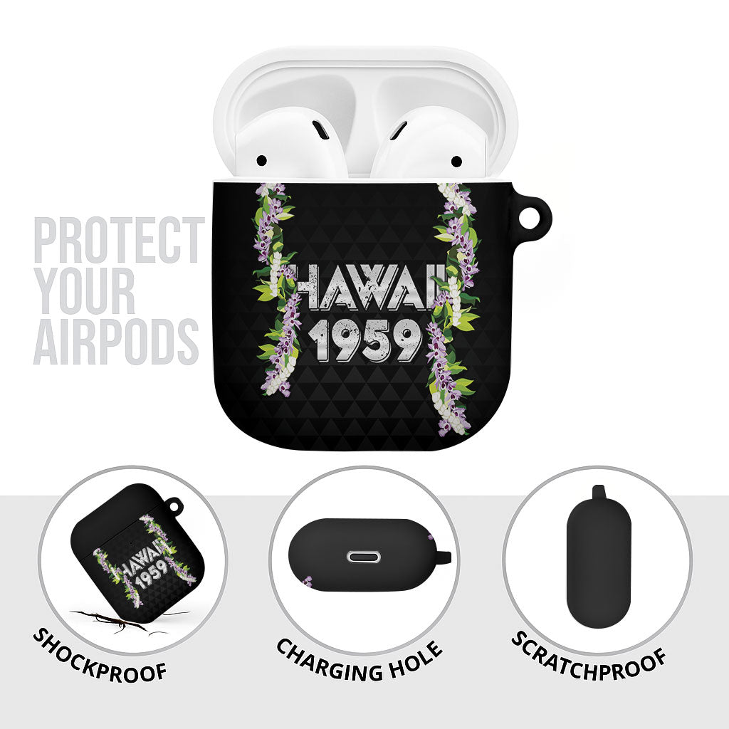 Hawaii Statehood Day AirPods Case Kakau Pattern With Maile Pikake Honohono Lei
